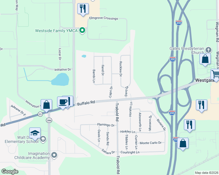 map of restaurants, bars, coffee shops, grocery stores, and more near 11 Capri Drive in Rochester