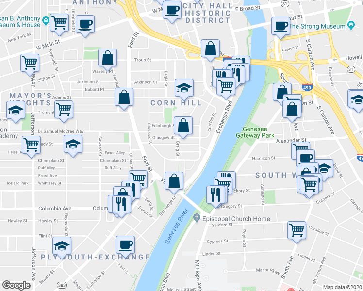 map of restaurants, bars, coffee shops, grocery stores, and more near 10 Greig Street in Rochester