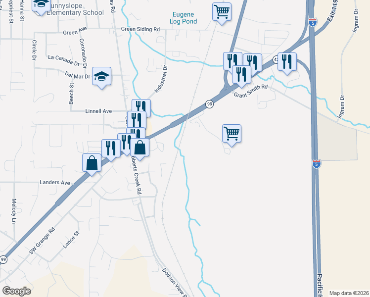 map of restaurants, bars, coffee shops, grocery stores, and more near 301 Winery Lane in Roseburg