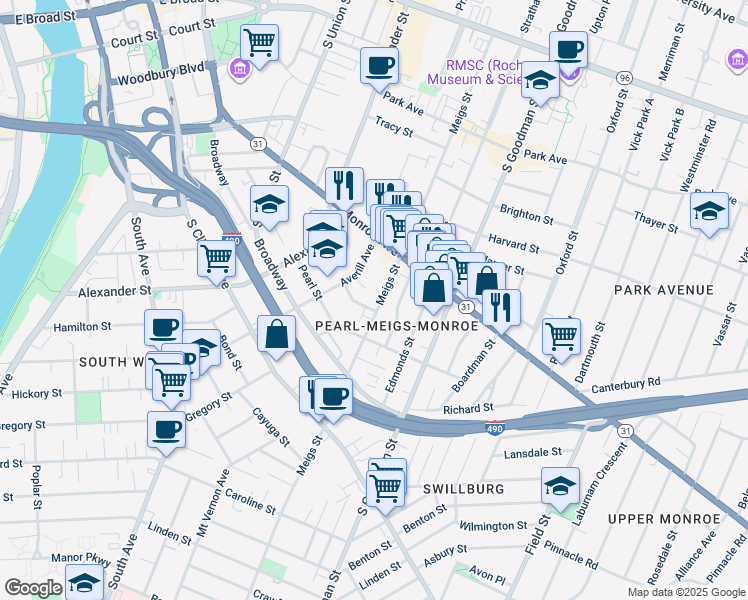 map of restaurants, bars, coffee shops, grocery stores, and more near 439 Meigs Street in Rochester