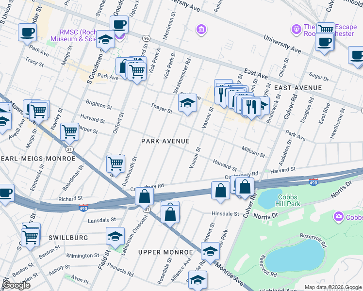 map of restaurants, bars, coffee shops, grocery stores, and more near 143 Edgerton Street in Rochester