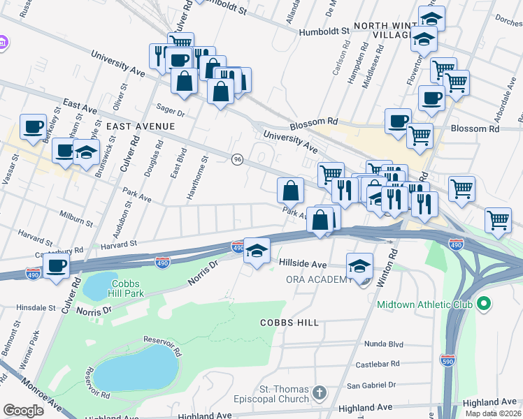 map of restaurants, bars, coffee shops, grocery stores, and more near 1163 Park Avenue in Rochester
