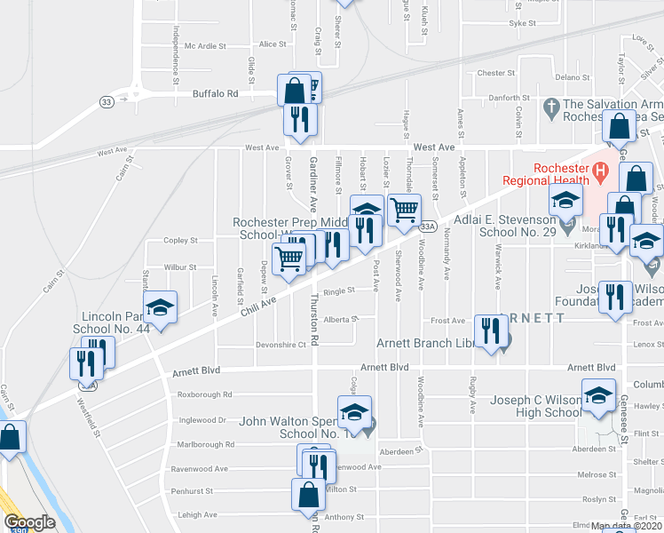 map of restaurants, bars, coffee shops, grocery stores, and more near 506 Chili Avenue in Rochester