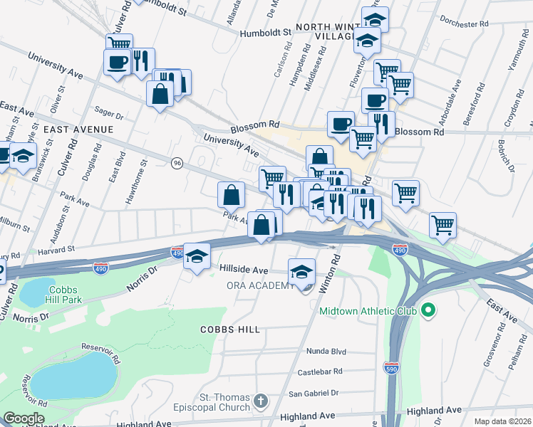 map of restaurants, bars, coffee shops, grocery stores, and more near 1337 Park Avenue in Rochester