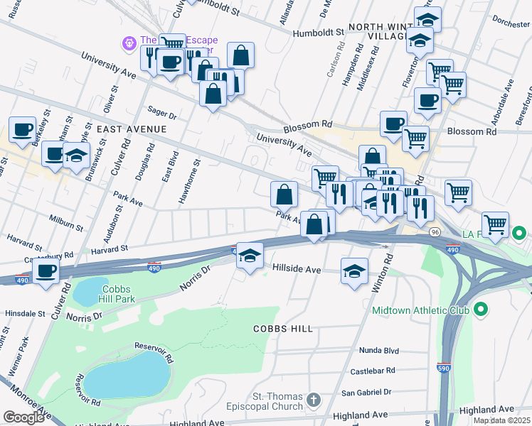 map of restaurants, bars, coffee shops, grocery stores, and more near 1200 Park Avenue in Rochester