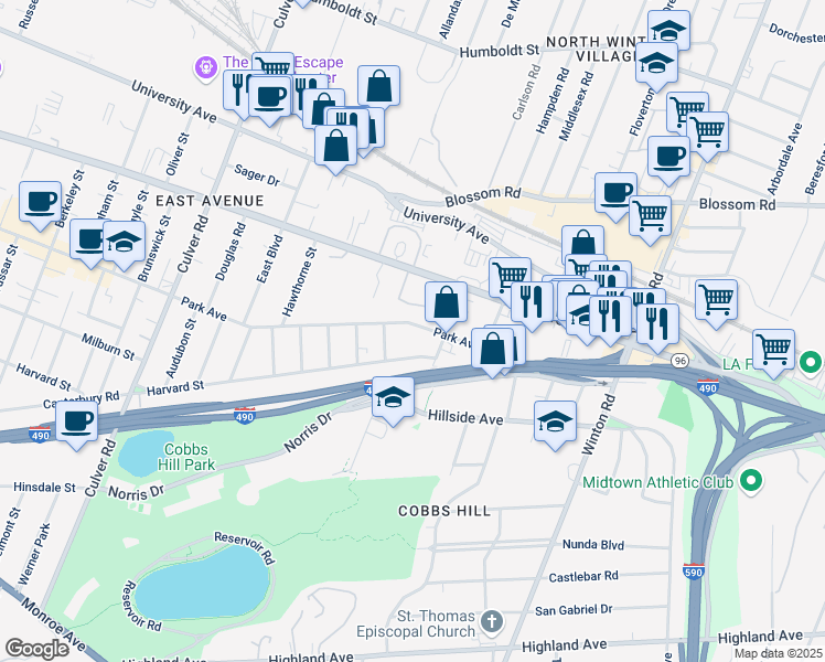 map of restaurants, bars, coffee shops, grocery stores, and more near 1200 Park Avenue in Rochester