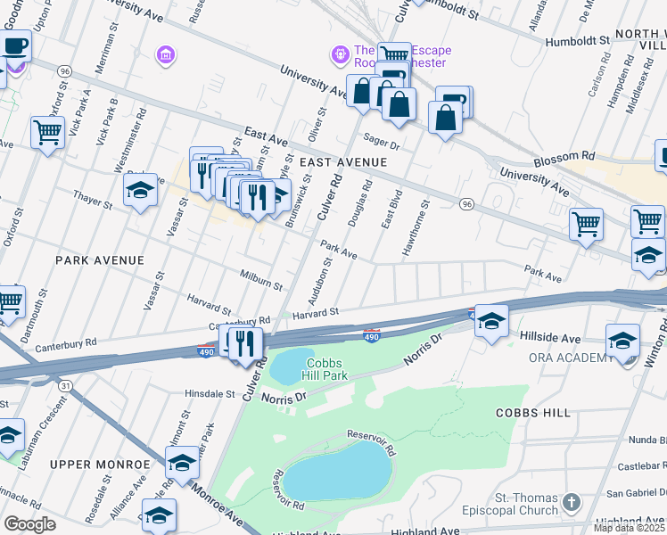 map of restaurants, bars, coffee shops, grocery stores, and more near 7 Audubon Street in Rochester