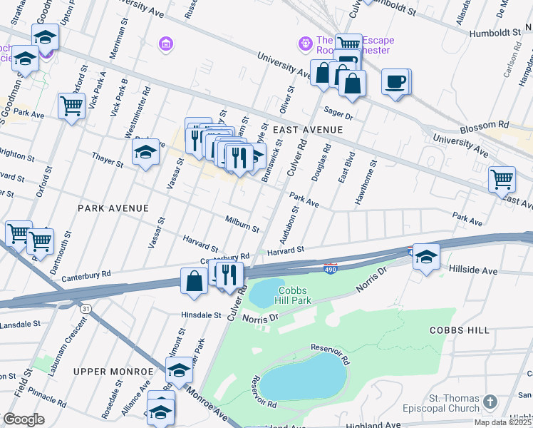 map of restaurants, bars, coffee shops, grocery stores, and more near 219 Culver Road in Rochester