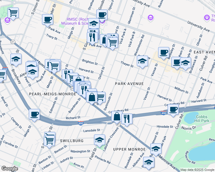 map of restaurants, bars, coffee shops, grocery stores, and more near 169 Dartmouth Street in Rochester