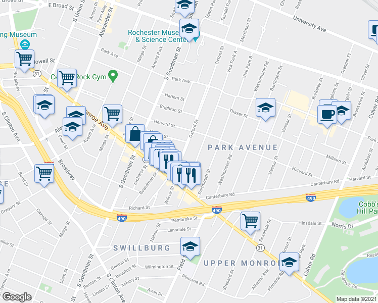 map of restaurants, bars, coffee shops, grocery stores, and more near 185 Rutgers Street in Rochester