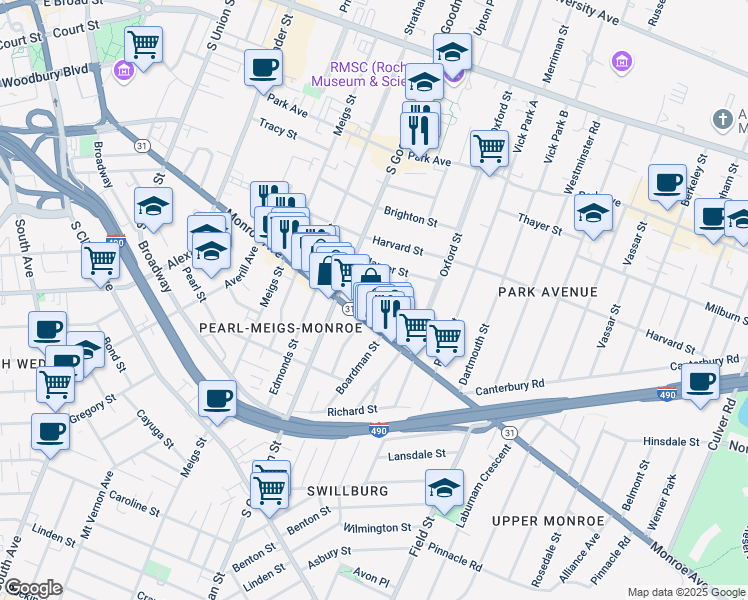 map of restaurants, bars, coffee shops, grocery stores, and more near 42 Cornell Street in Rochester