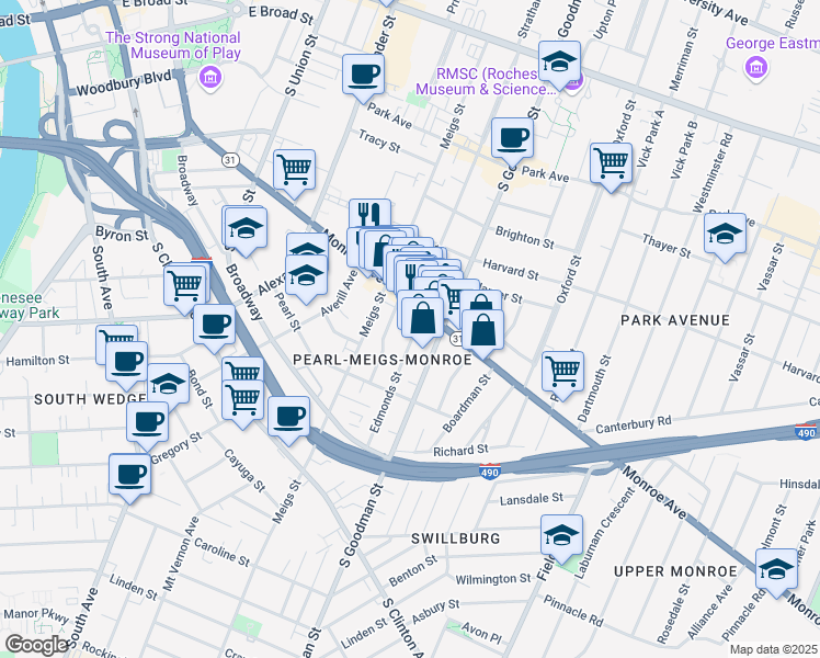 map of restaurants, bars, coffee shops, grocery stores, and more near in Rochester