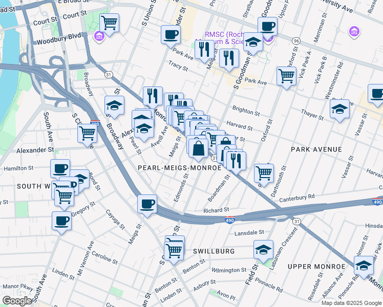 map of restaurants, bars, coffee shops, grocery stores, and more near in Rochester