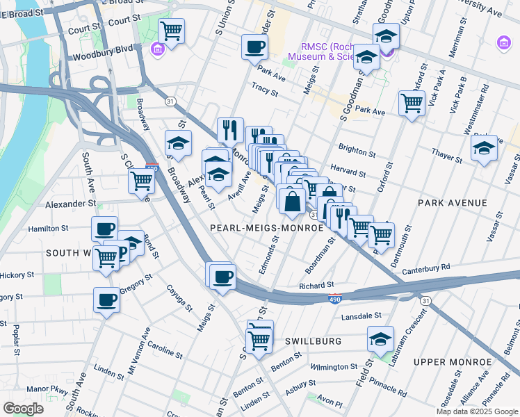 map of restaurants, bars, coffee shops, grocery stores, and more near 416 Meigs Street in Rochester