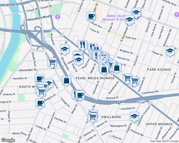 map of restaurants, bars, coffee shops, grocery stores, and more near 22 Elmhurst Street in Rochester