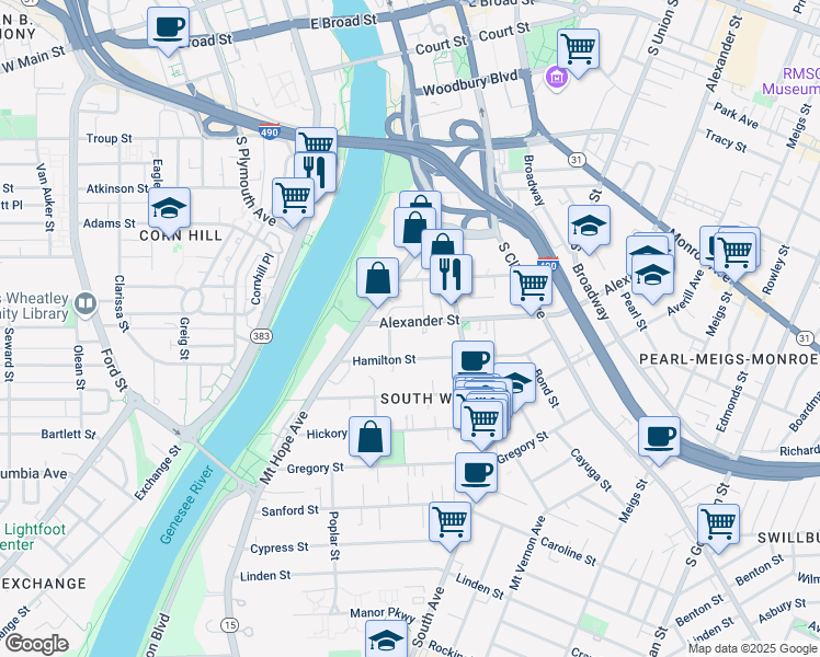 map of restaurants, bars, coffee shops, grocery stores, and more near 33 Alexander Street in Rochester