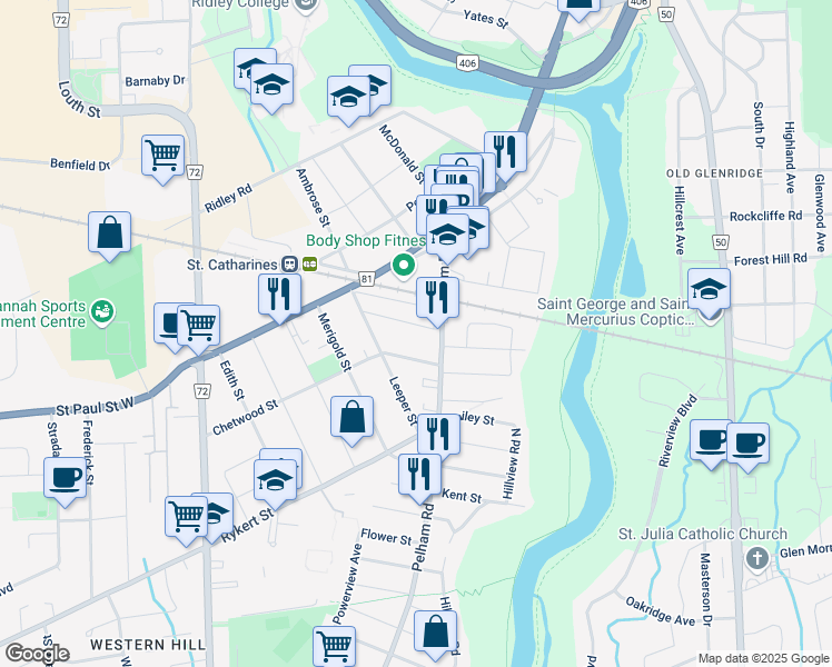 map of restaurants, bars, coffee shops, grocery stores, and more near in St. Catharines