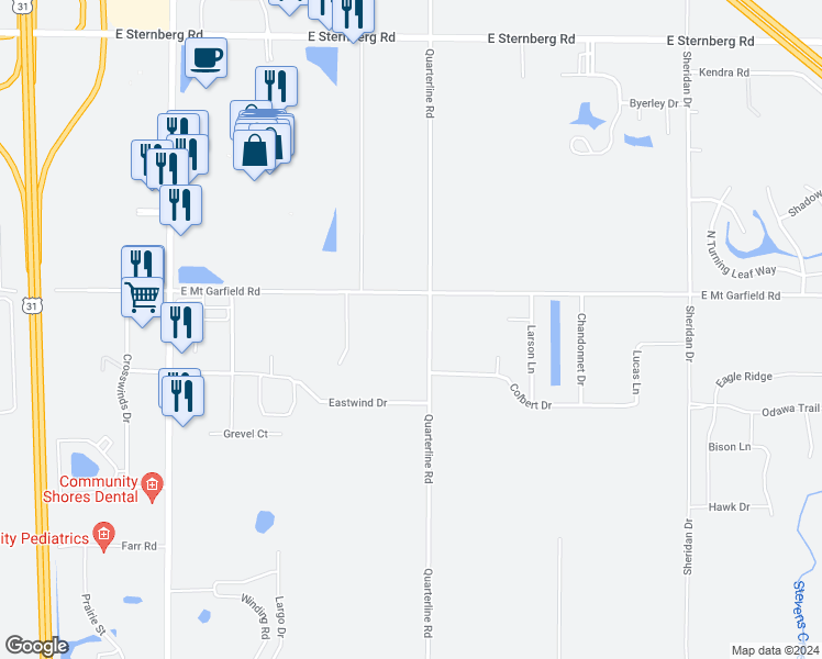map of restaurants, bars, coffee shops, grocery stores, and more near 5832 Quarterline Road in Muskegon
