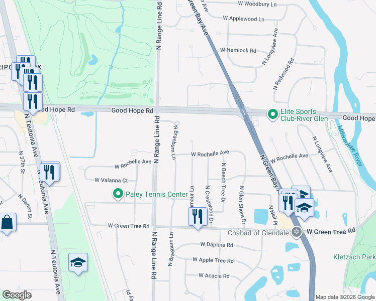 map of restaurants, bars, coffee shops, grocery stores, and more near 7012 North Braeburn Lane in Glendale