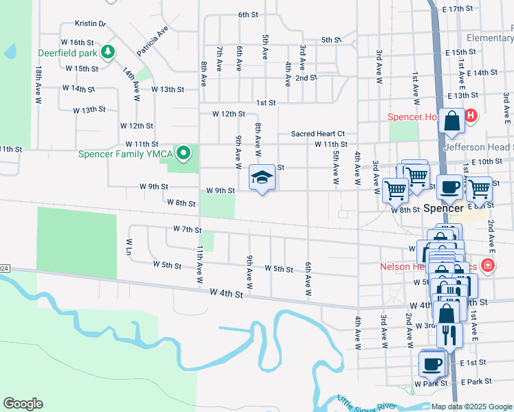 map of restaurants, bars, coffee shops, grocery stores, and more near 724 West 9th Street in Spencer