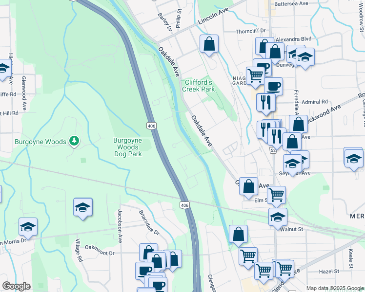 map of restaurants, bars, coffee shops, grocery stores, and more near 73 Moffatt Street in St. Catharines