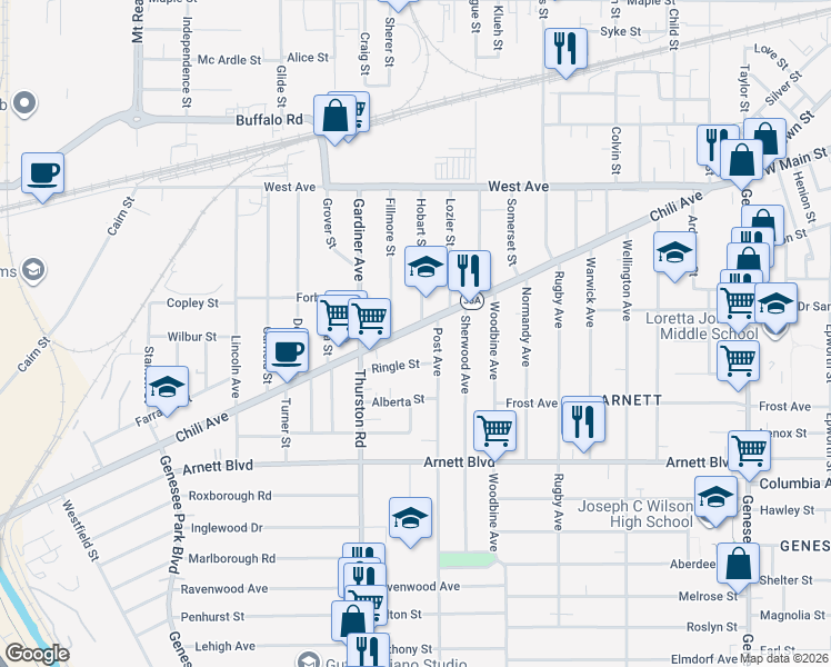 map of restaurants, bars, coffee shops, grocery stores, and more near 459 Chili Avenue in Rochester