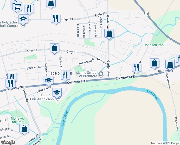 map of restaurants, bars, coffee shops, grocery stores, and more near 21 Adelaide Avenue in Brantford
