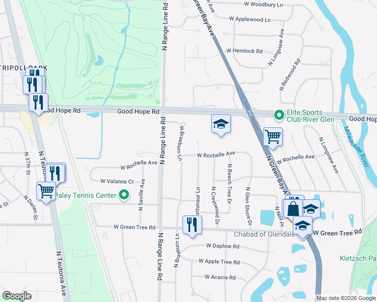 map of restaurants, bars, coffee shops, grocery stores, and more near 7012 North Braeburn Lane in Glendale