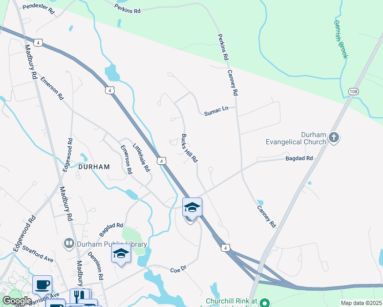 map of restaurants, bars, coffee shops, grocery stores, and more near 12 Bucks Hill Road in Durham