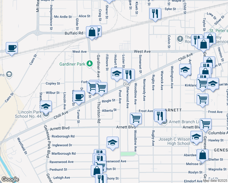 map of restaurants, bars, coffee shops, grocery stores, and more near 457 Chili Avenue in Rochester