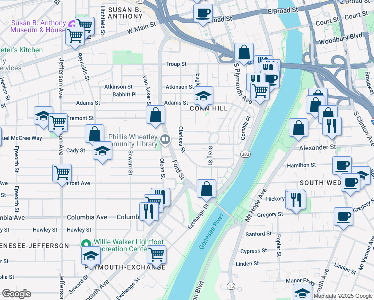 map of restaurants, bars, coffee shops, grocery stores, and more near 81 Glasgow Street in Rochester