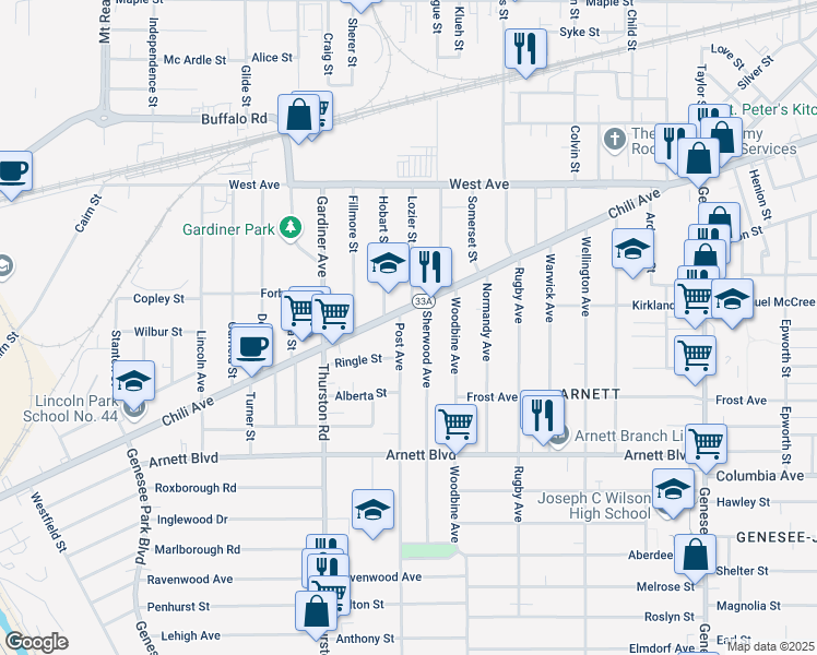 map of restaurants, bars, coffee shops, grocery stores, and more near in Rochester