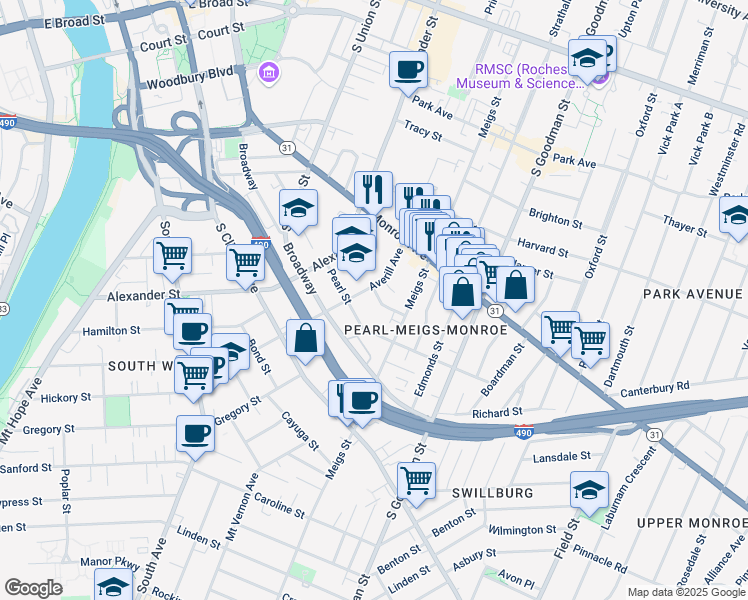 map of restaurants, bars, coffee shops, grocery stores, and more near 22 Elmhurst Street in Rochester