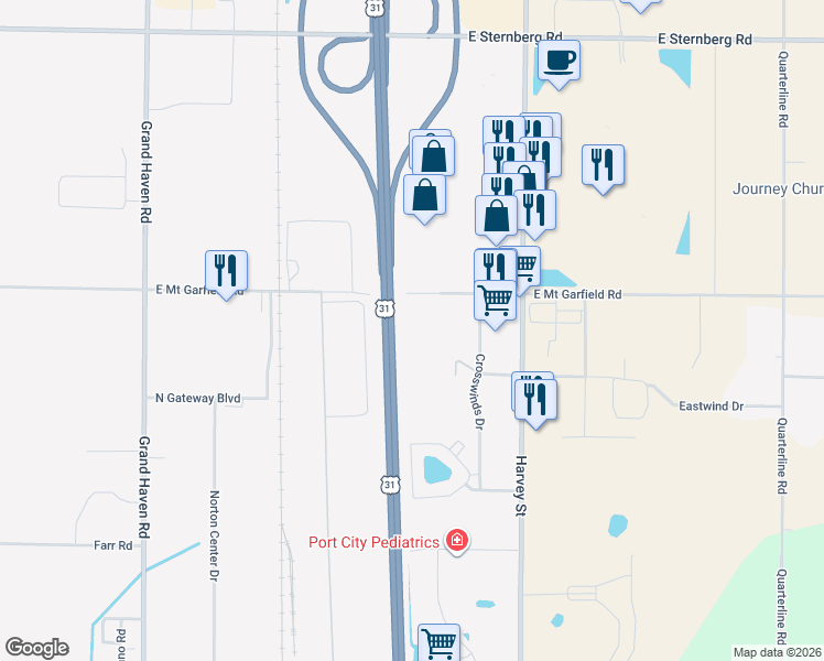map of restaurants, bars, coffee shops, grocery stores, and more near 1455 East Mount Garfield Road in Muskegon