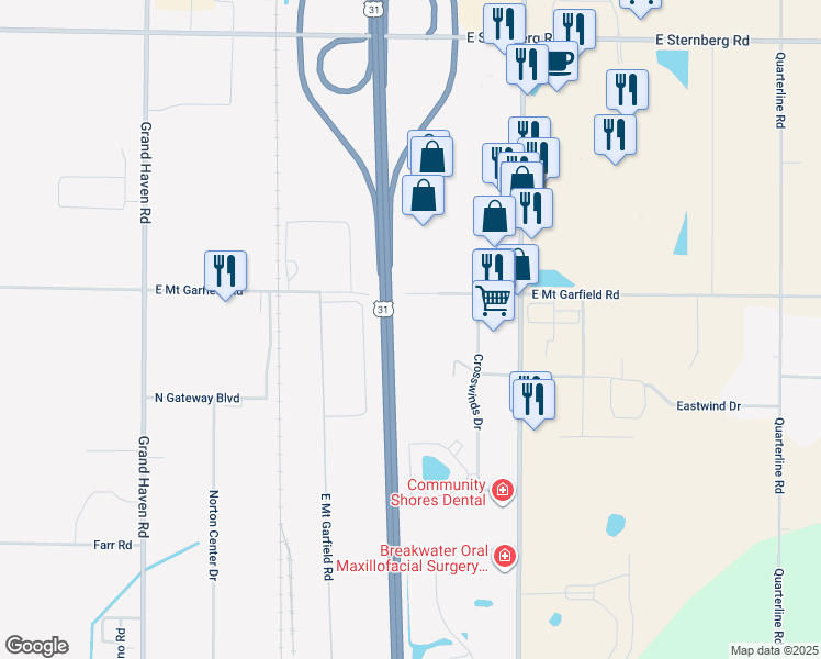 map of restaurants, bars, coffee shops, grocery stores, and more near 1455 East Mount Garfield Road in Muskegon