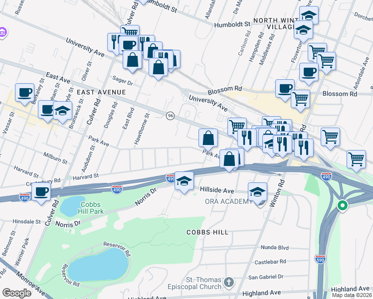 map of restaurants, bars, coffee shops, grocery stores, and more near 1165 Park Avenue in Rochester