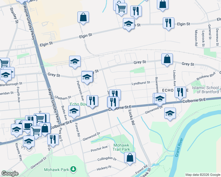 map of restaurants, bars, coffee shops, grocery stores, and more near in Brantford