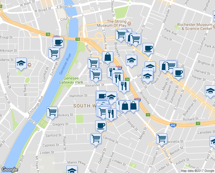 map of restaurants, bars, coffee shops, grocery stores, and more near 80 Alexander Street in Rochester