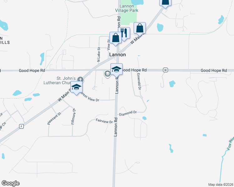 map of restaurants, bars, coffee shops, grocery stores, and more near 7072 Lannon Road in Lannon