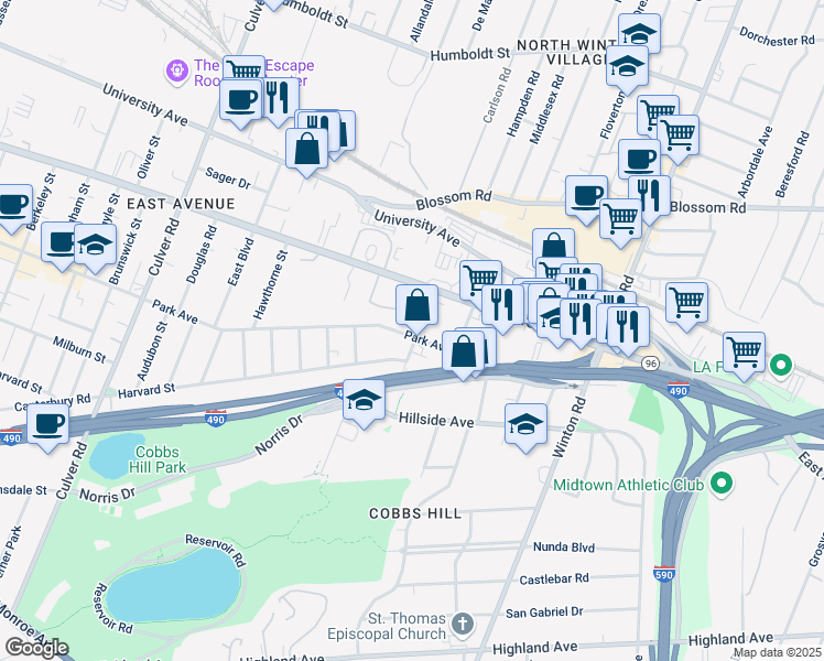 map of restaurants, bars, coffee shops, grocery stores, and more near 44 Colby Street in Rochester