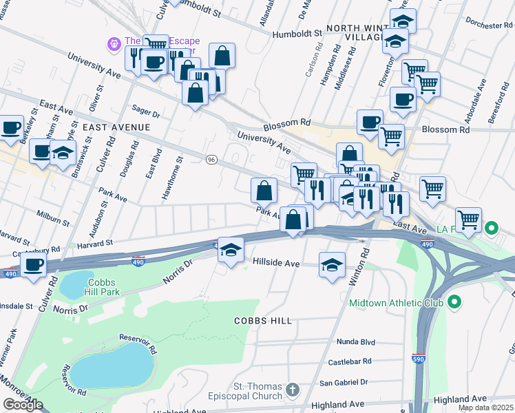 map of restaurants, bars, coffee shops, grocery stores, and more near 1200 Park Avenue in Rochester