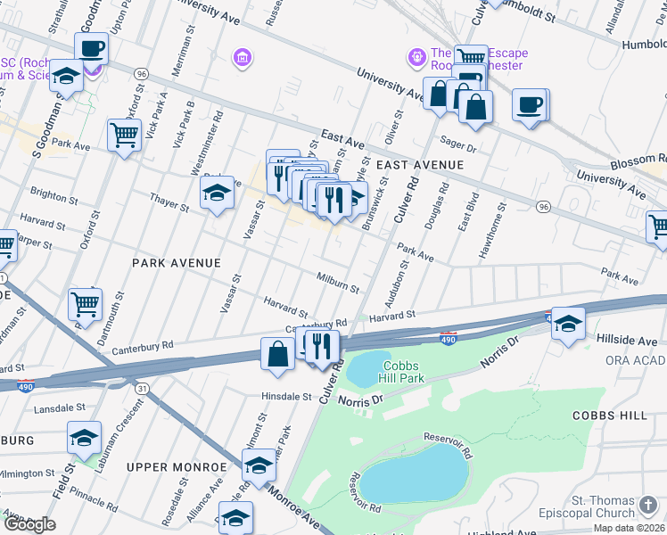map of restaurants, bars, coffee shops, grocery stores, and more near 18 Morningside Park in Rochester