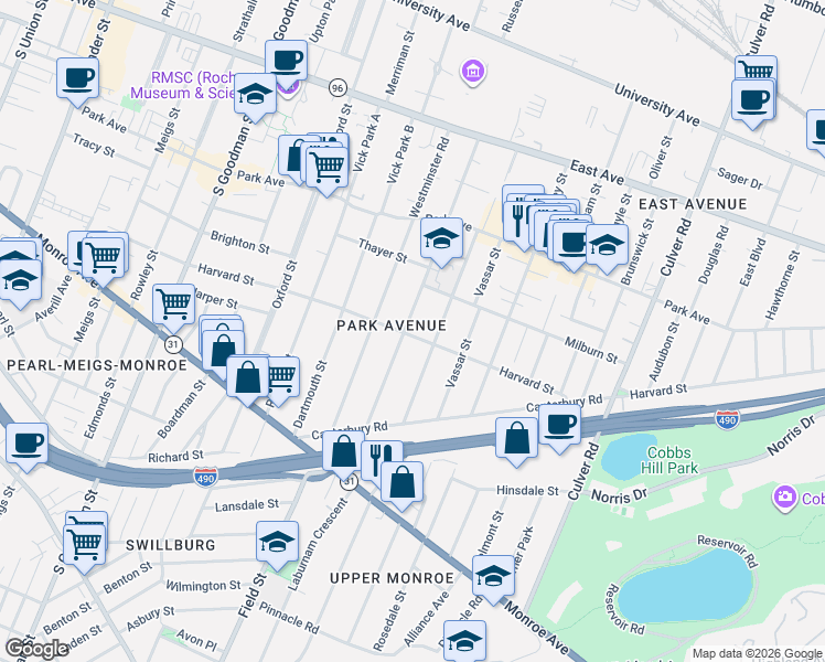 map of restaurants, bars, coffee shops, grocery stores, and more near 259 Barrington Street in Rochester