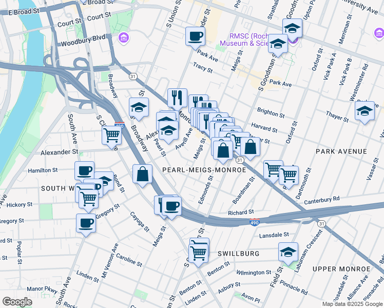 map of restaurants, bars, coffee shops, grocery stores, and more near 22 Elmhurst Street in Rochester