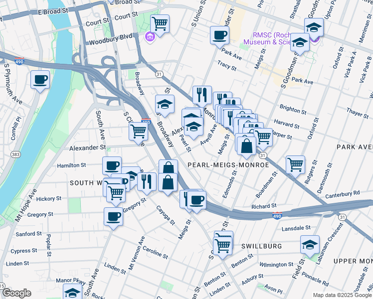 map of restaurants, bars, coffee shops, grocery stores, and more near 236 Pearl Street in Rochester