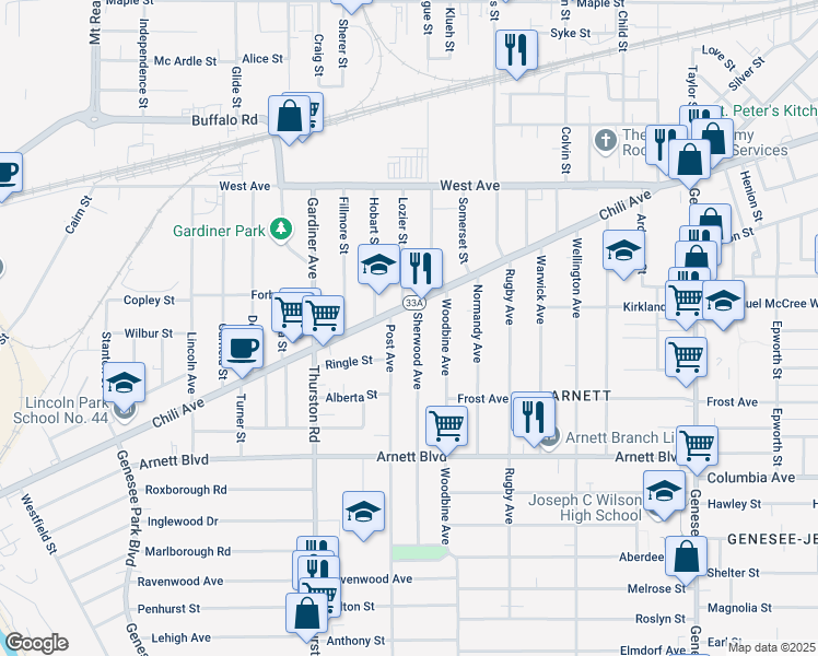map of restaurants, bars, coffee shops, grocery stores, and more near in Rochester