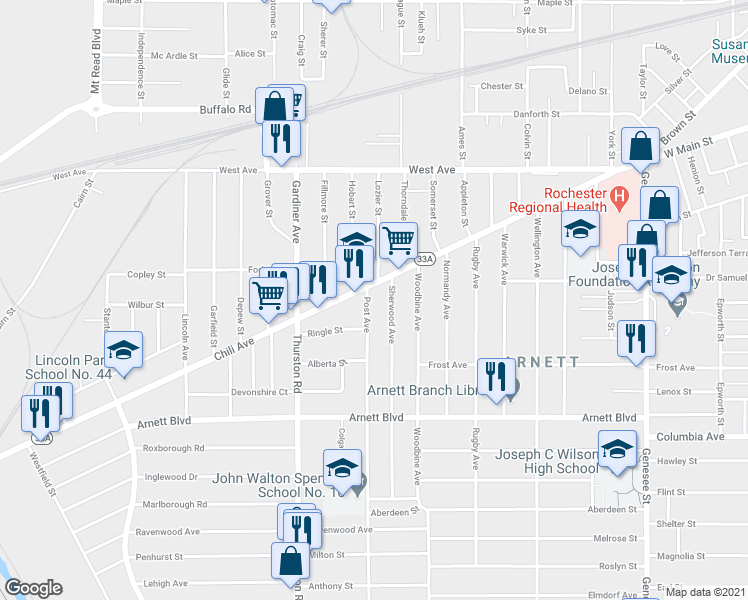 map of restaurants, bars, coffee shops, grocery stores, and more near in Rochester