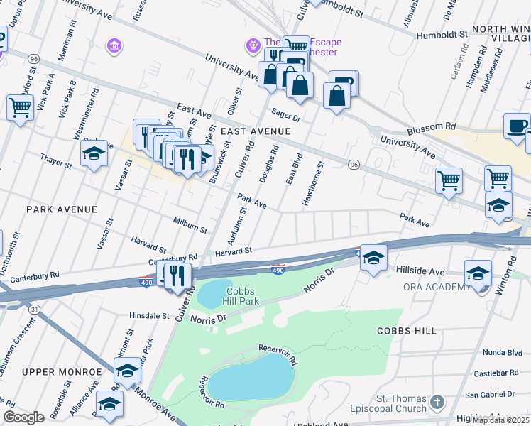 map of restaurants, bars, coffee shops, grocery stores, and more near 931 Park Avenue in Rochester