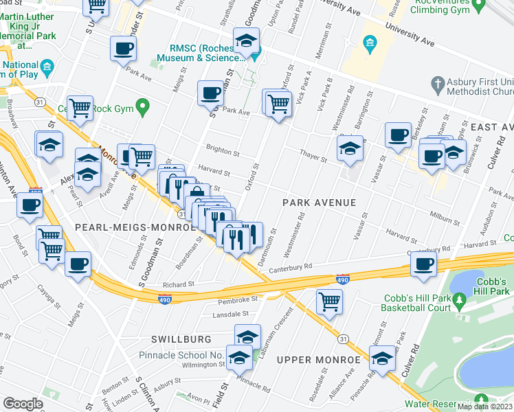 map of restaurants, bars, coffee shops, grocery stores, and more near 185 Rutgers Street in Rochester