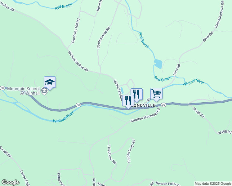 map of restaurants, bars, coffee shops, grocery stores, and more near 13 Winhall Hollow Road in Winhall